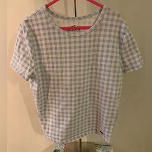 Hollister Blue and White Checked Baby Tee Size Small